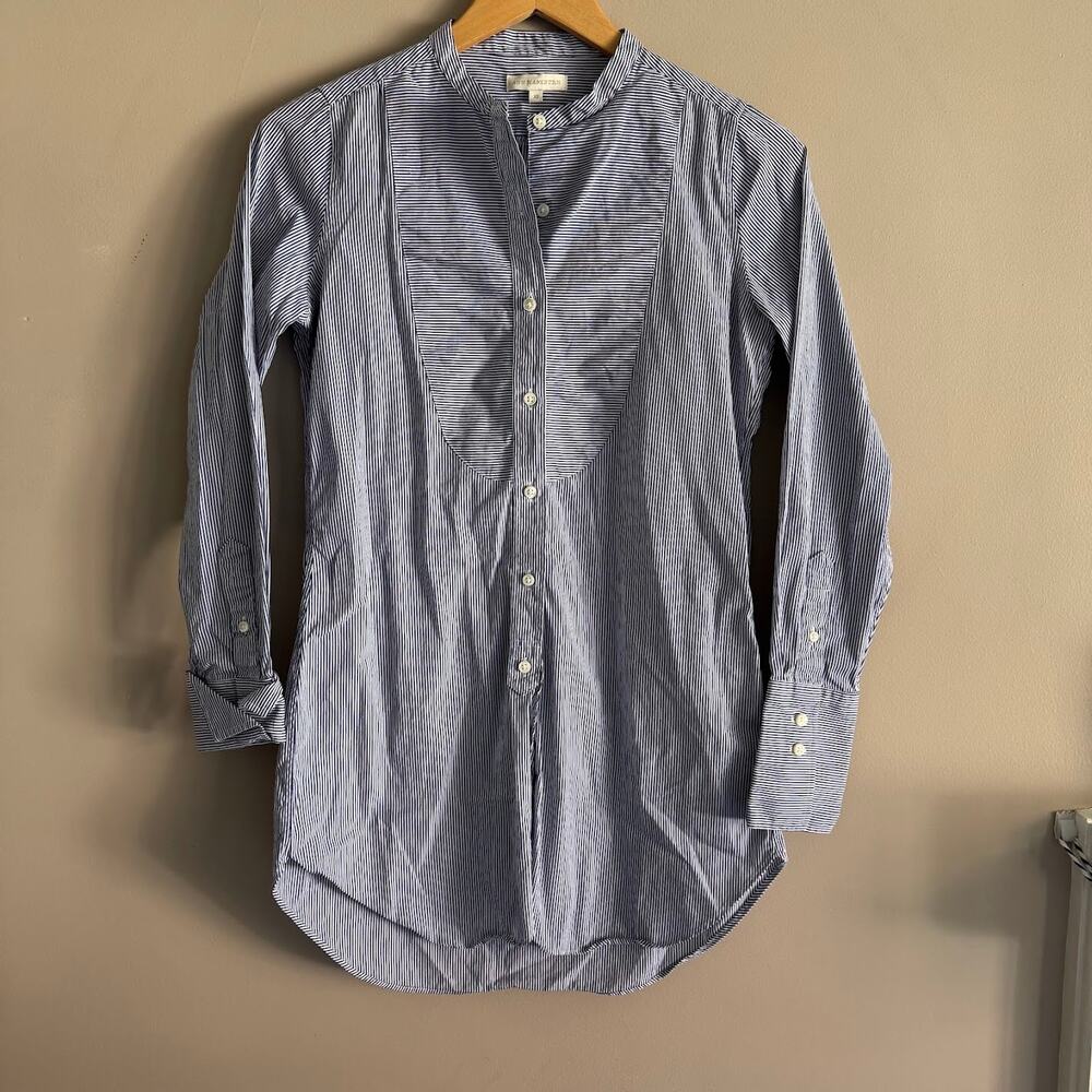 Ann Mashburn Blue and White Striped Bib Front Button Down Tunic XS